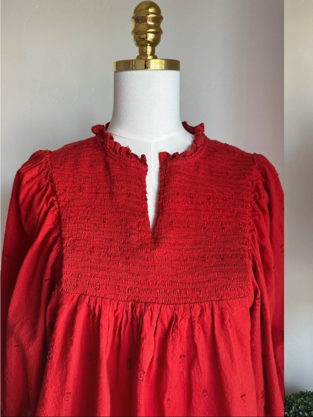 Women's Red Smocked Yoke Peasant Top